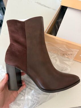 NanaMacs Two-Tone Brown Leather and Suede Block Heel Ankle Boots